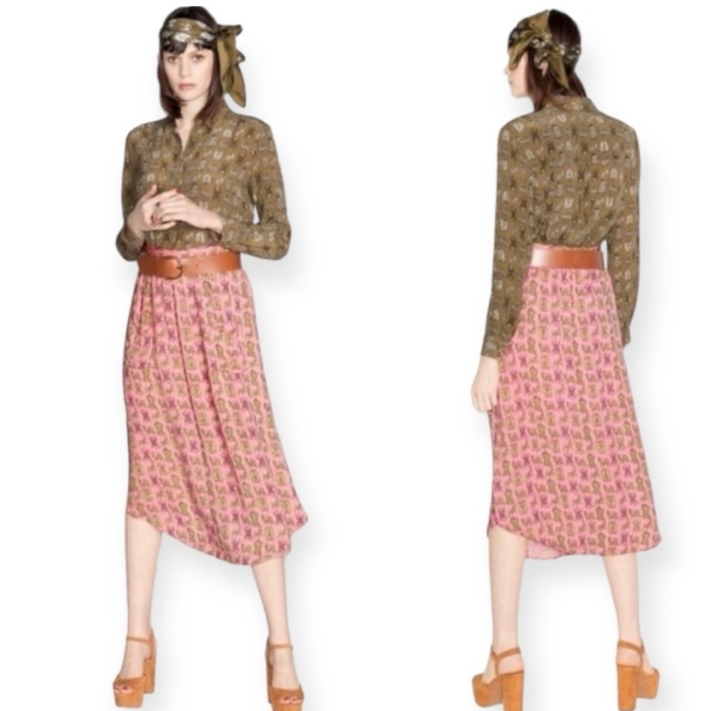 & Other Stories Pink and Brown Patterned Midi Skirt